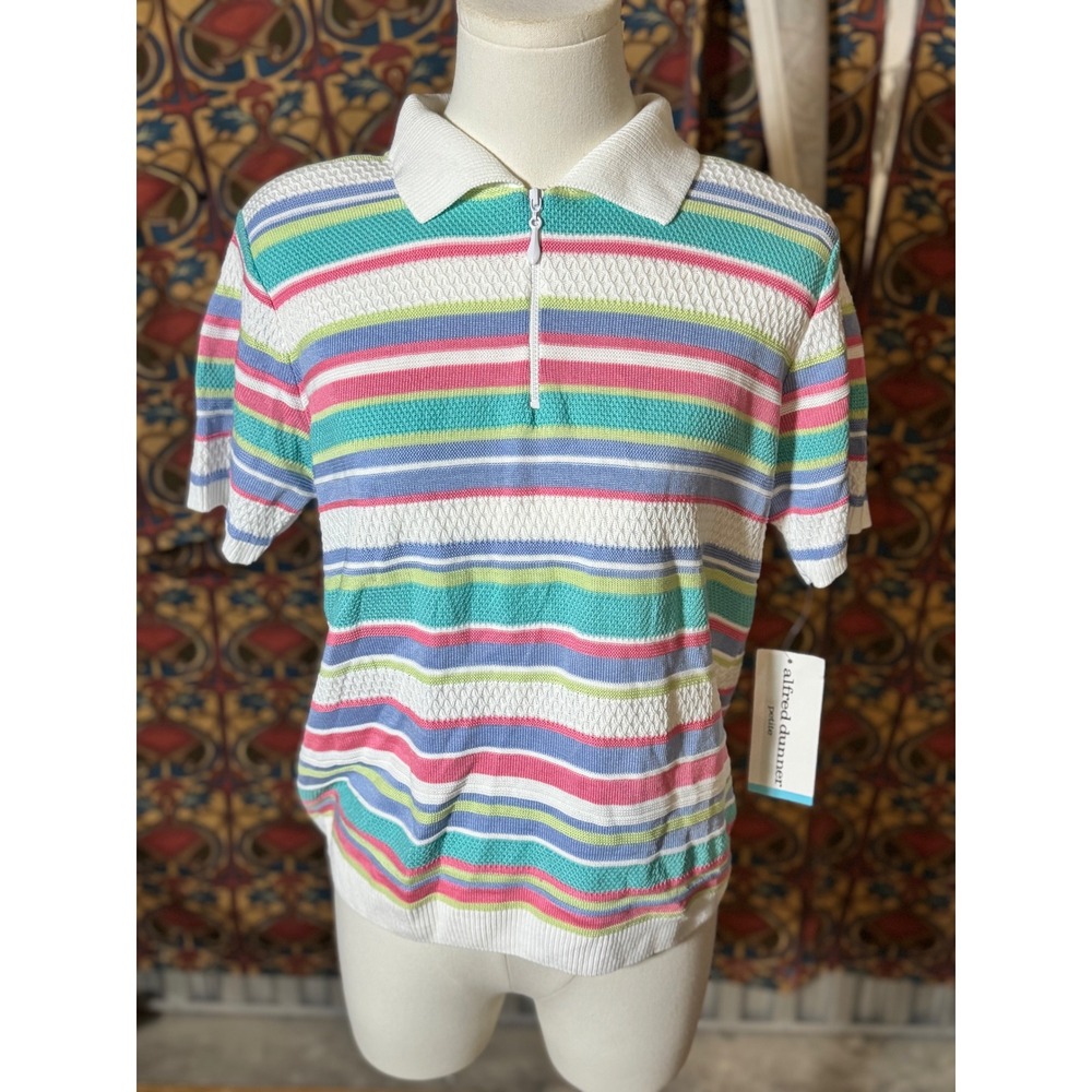 Alfred Dunner Petite Striped Quarter Zip Polo Shirt Women's Size L Multi Color